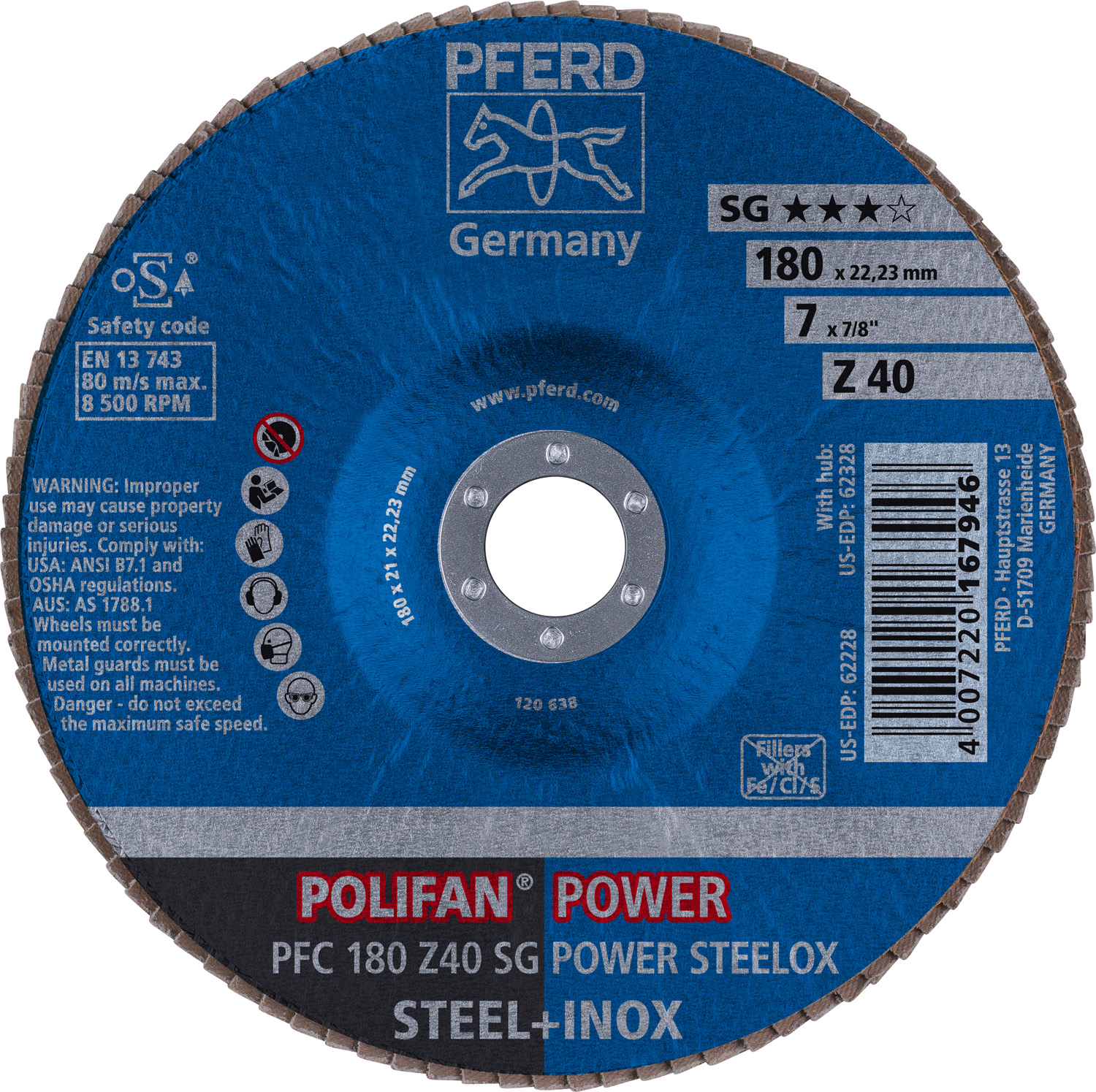 7" x 7/8" A.H. POLIFAN® Flap Disc, Z SG POWER STEELOX, Zirconia, 40 Grit, Conical